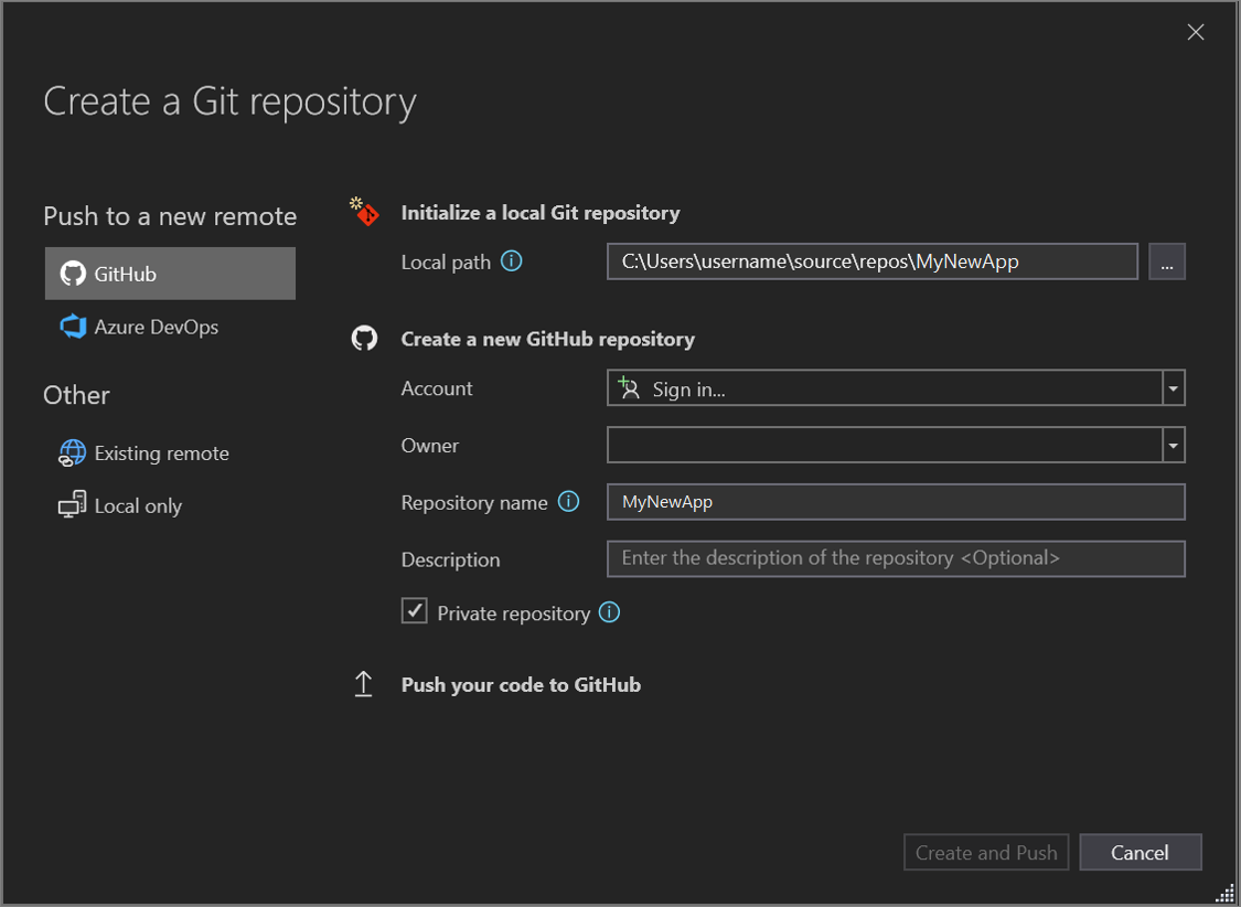 Screenshot of the Create a Git Repository dialog window where you can sign in to GitHub.