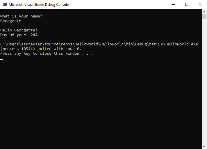 Screenshot of the Debug Console window showing the prompt for a name, the input, and the output.