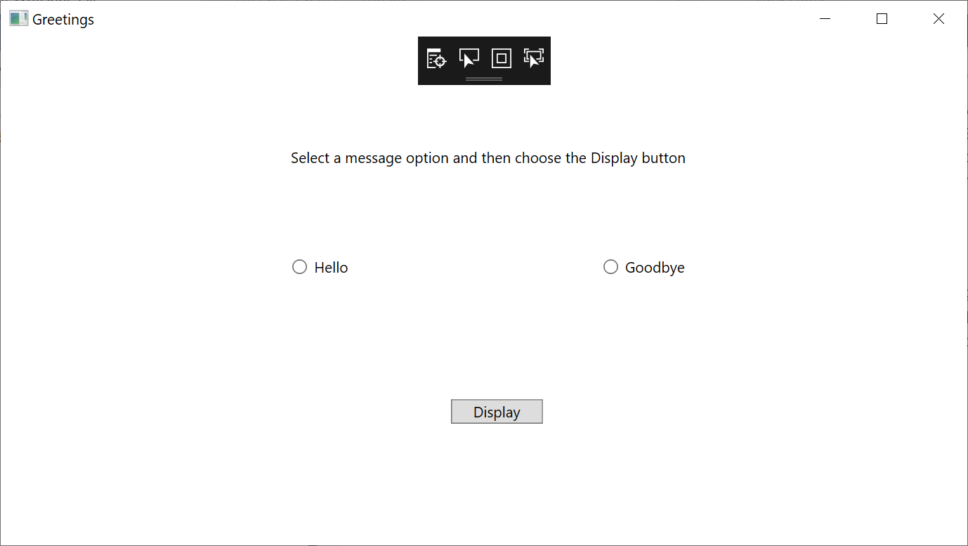 Screenshot of the Greetings window with the TextBlock, RadioButtons, and Button controls visible. The 'Hello' radio button is selected.