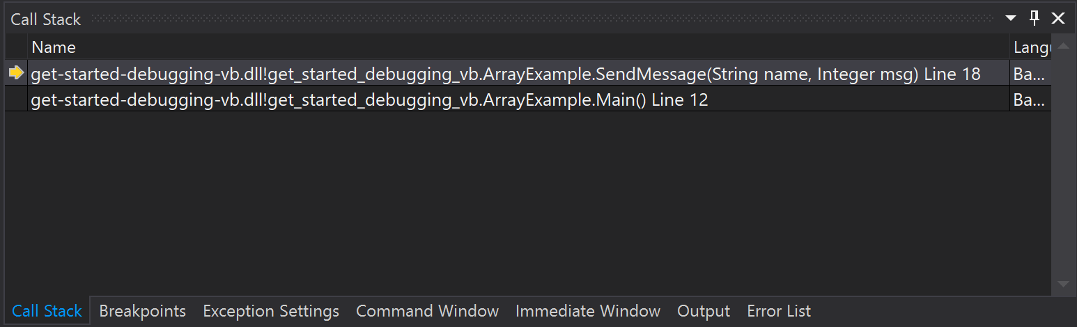 Screenshot showing the Visual Studio Call Stack window with a SendMessage method call highlighted in the top line.