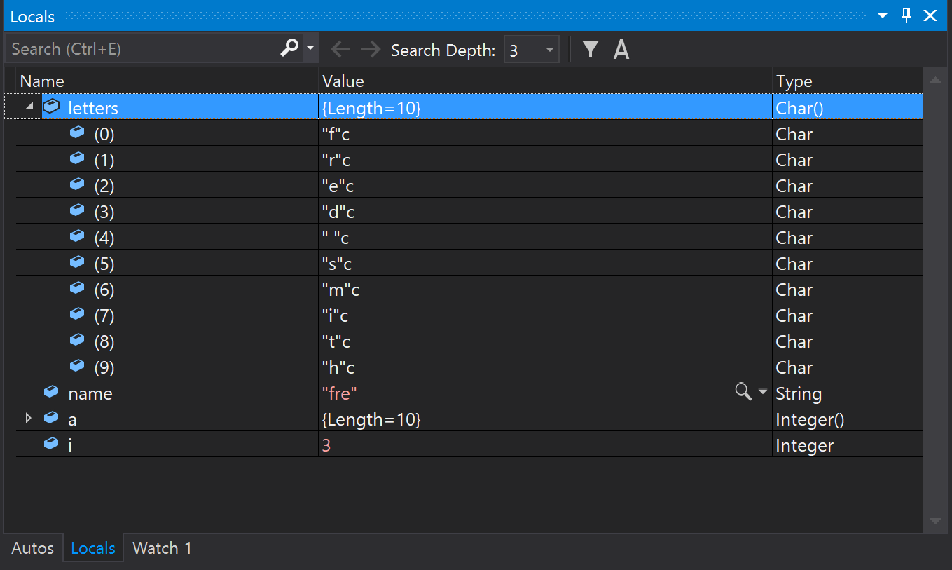 Screenshot showing the Locals Window with the 'letters' variable expanded to show the value and type of the elements it contains.