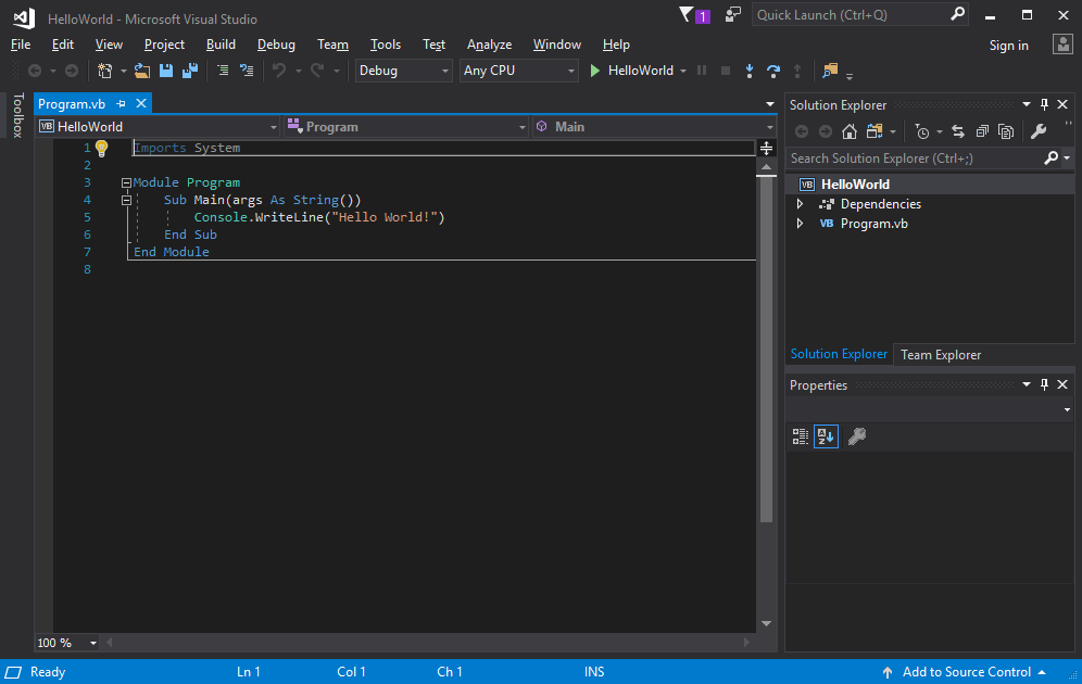 Screenshot showing the default 'Hello World!' code in the Visual Basic project template.