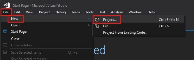 Screenshot shows Visual Studio with File then New then Project selected from the menu.