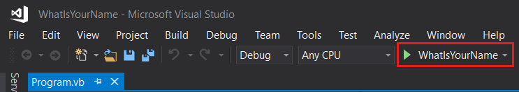 Screenshot showing the 'What Is Your Name' button highlighted in the Visual Studio toolbar.