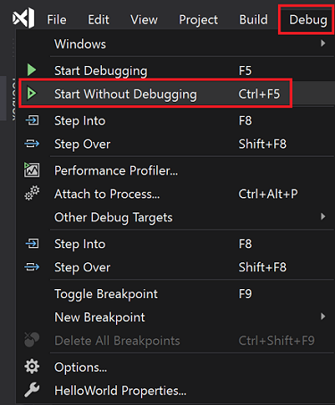 Screenshot that shows Debug > Start without debugging.