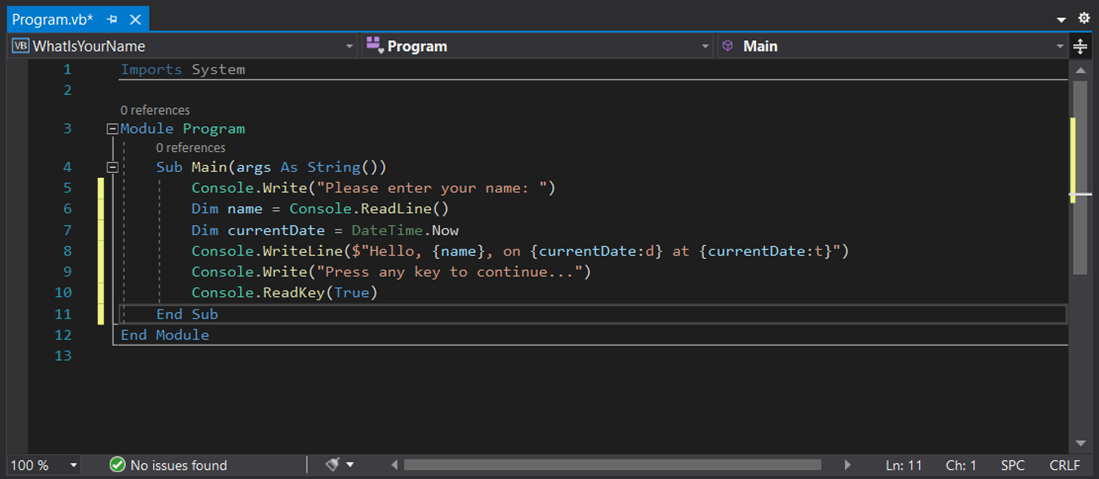 Screenshot showing the code for the 'Program.vb' file in the 'WhatIsYourName' project loaded in the Visual Basic code editor.