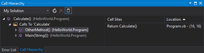 Screenshot that shows the Call Hierarchy window in Visual Studio.