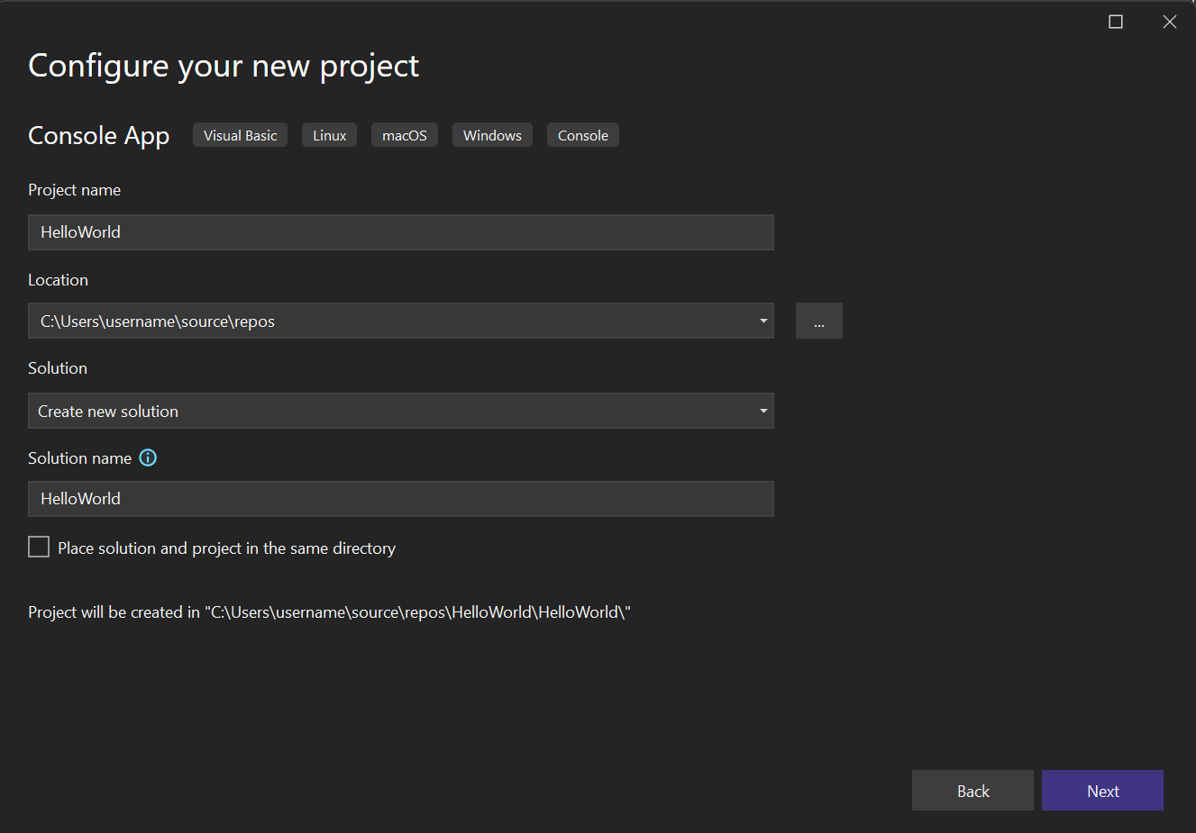Screenshot of the Configure your new project window with the project name HelloWorld entered.