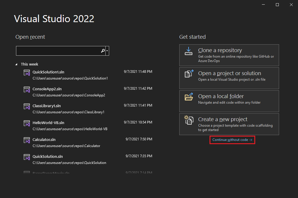 Screenshot of the Visual Studio Start screen, with the Continue without code link highlighted.