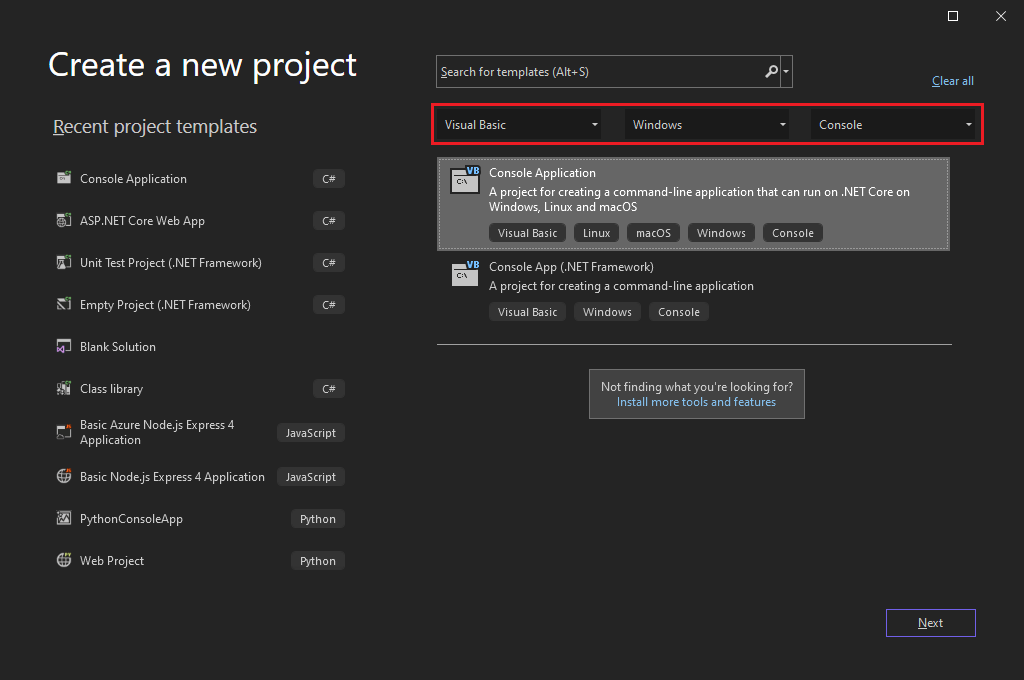 Screenshot of the Create a new project window with the Visual Basic Console Application selected.
