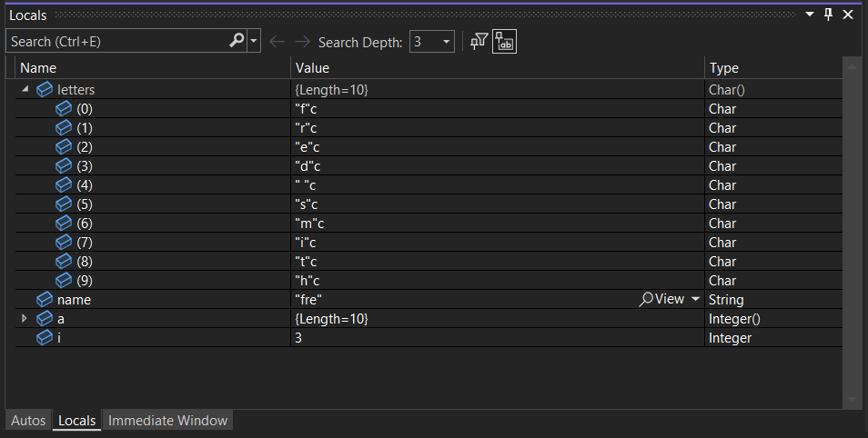 Screenshot showing the Locals Window with the 'letters' variable expanded to show the value and type of the elements it contains.