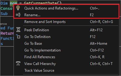 Screenshot of the Refactoring menu in Visual Studio.