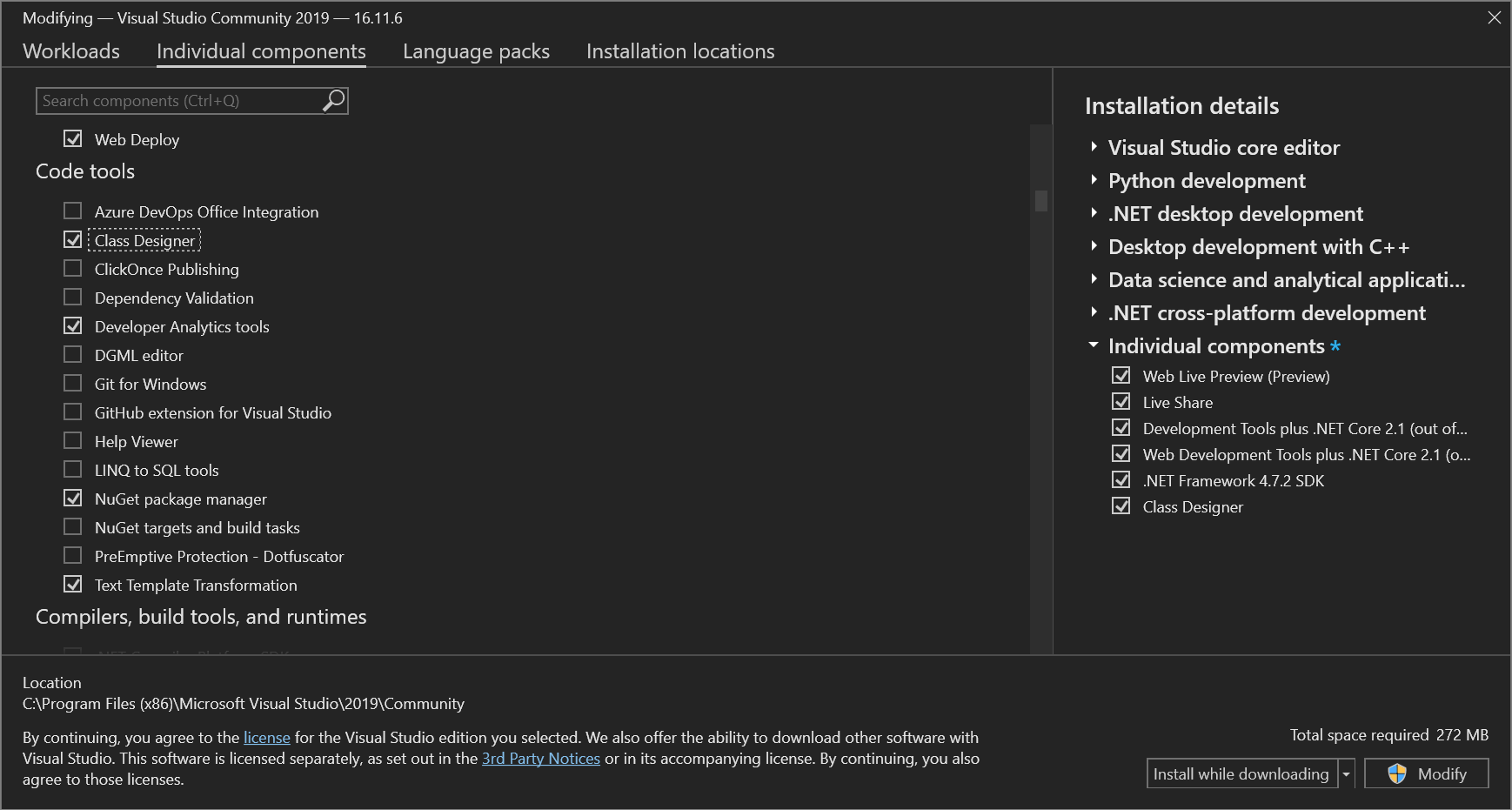 Screenshot of the Class Designer component in the Visual Studio Installer.
