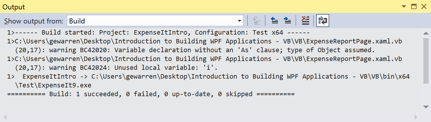 Screenshot of build warning in Output Window for Visual Basic.