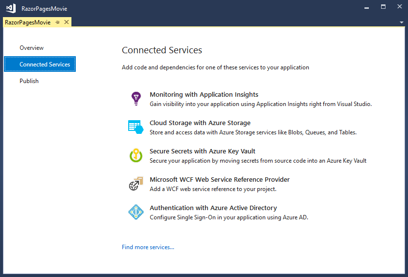 Screenshot that shows Visual Studio Connected Services.