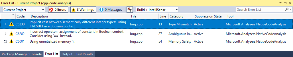Screenshot of the Visual Studio Error List with Warnings.