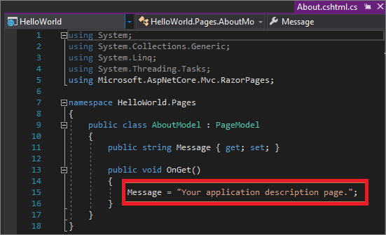 Screenshot shows C Sharp code for the application description area in the code editor.