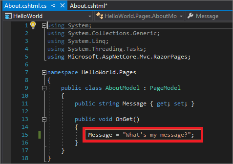 Screenshot in the code editor shows the text changed from Your application description here to What's my message?