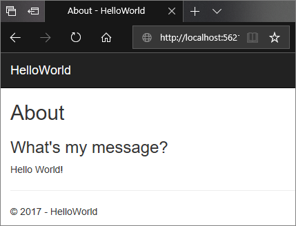 Screenshot shows the About page for the web app in the browser window. The updated text says What's my message? Hello World!