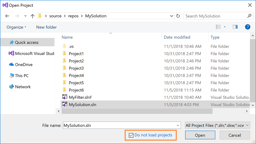 Visual Studio Open Project dialog with do not load projects checked