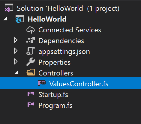 Screenshot of the Solution Explorer with the Controllers folder expanded in an F# Web API project.