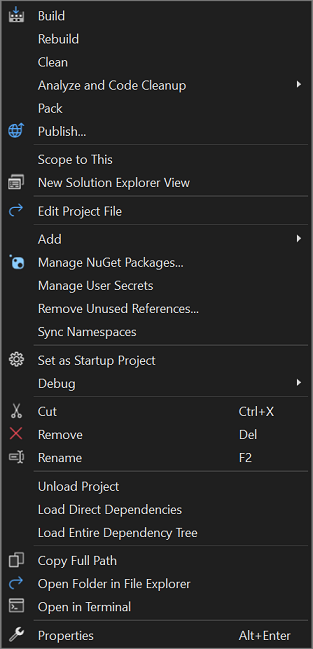 Screenshot of the right-click context menu from a project node in Solution Explorer.