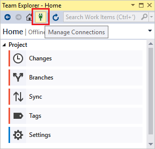 Manage Connections button in Team Explorer