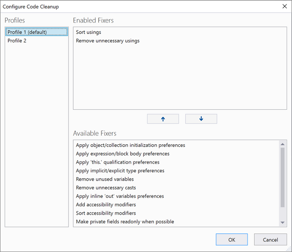A screenshot of the configure code cleanup control in Visual Studio 2019