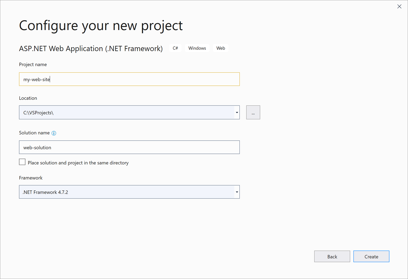 Screenshot of the 'Configure your new project' dialog in Visual Studio 2019.