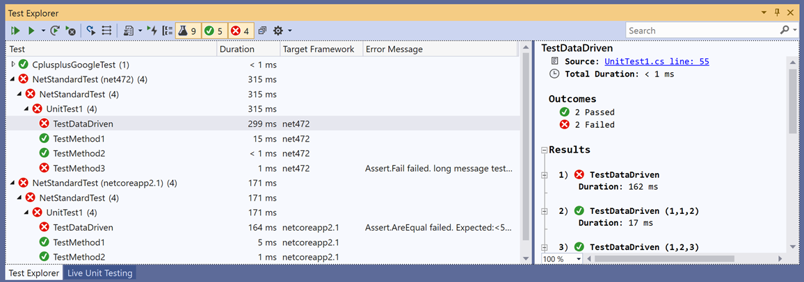 A screenshot that shows the user interface improvements in the Test Explorer