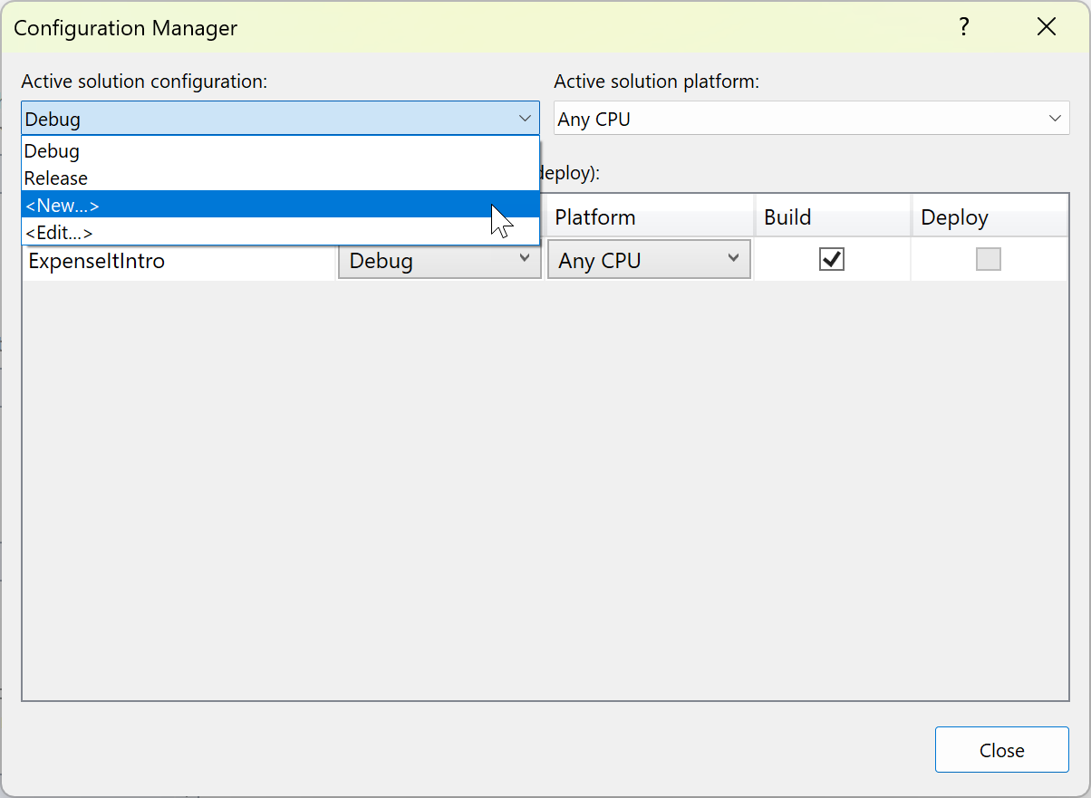 Screenshot showing creating a new solution configuration.