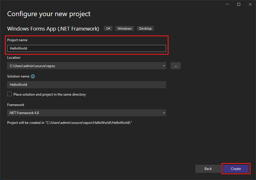 Screenshot shows the Configure your new project window for your project named HelloWorld.