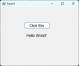 Screenshot shows the Form1 dialog box that includes the button and a label.