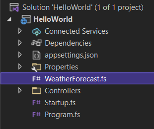 Screenshot showing the Solution Explorer with the Controllers folder expanded in an F# Web API project.