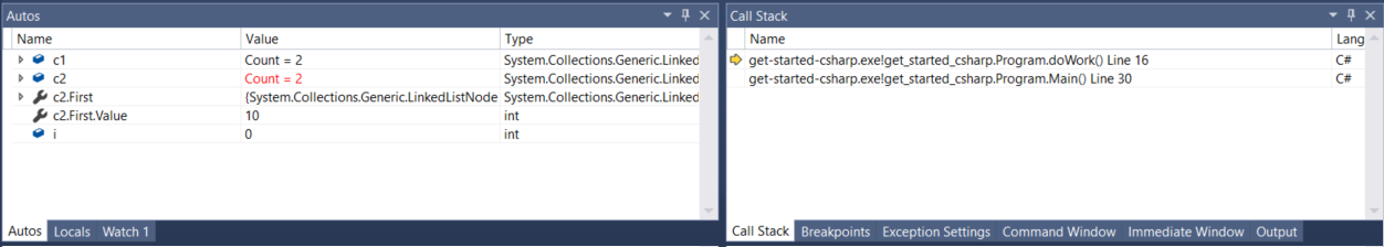 Visual Studio Autos and Call Stack Windows
