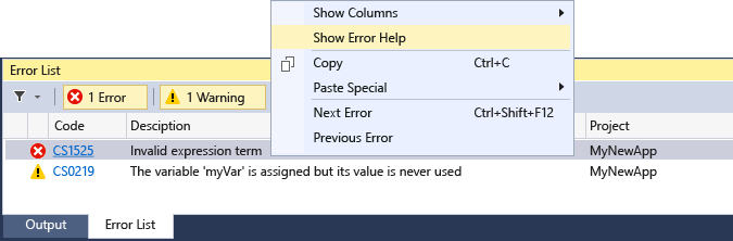 Screenshot of the Visual Studio error list Bing search.