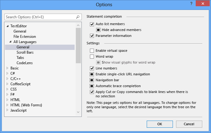 Screenshot of the Visual Studio line numbers option.