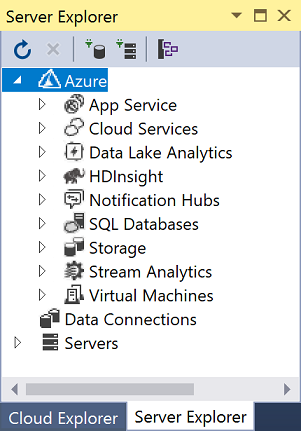 Server Explorer with Azure node expanded