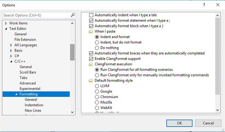Options, Text Editor, C/C++, Formatting - Visual Studio ...