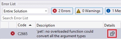 Screenshot of the Visual Studio Error List with one entry that has an icon in its details column.