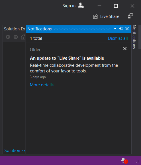 Notifications tool window in the Visual Studio IDE