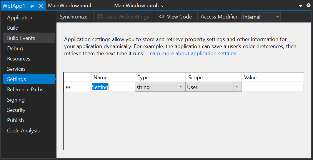 Screenshot of the Settings tab in the Project Designer for a WPF project in Visual Studio 2019.
