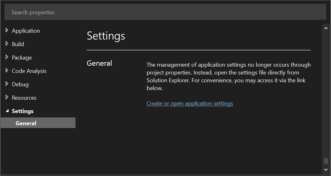 Screenshot of the Settings tab in the Project Designer for a WPF project in Visual Studio 2022, where you click a link to dynamically generate the Settings dialog.