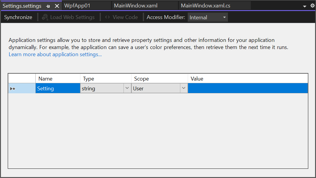 Screenshot of the Settings tab in the Project Designer for a WPF project in Visual Studio 2022.