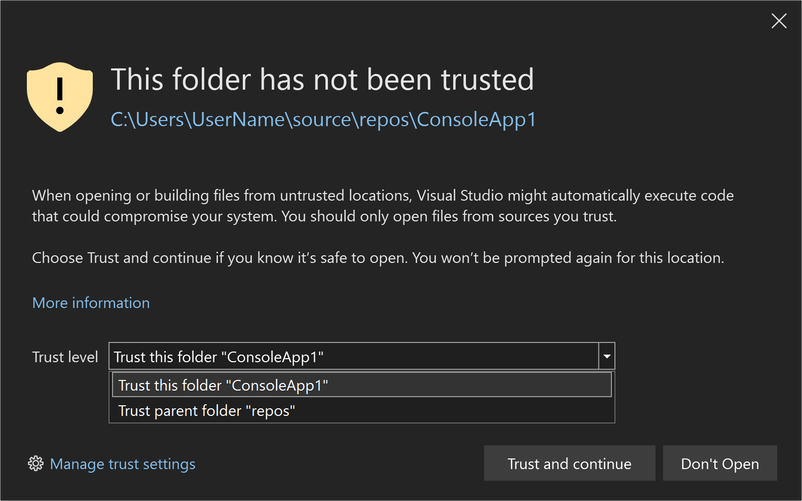 Screenshot showing how to trust a folder from the warning dialog.