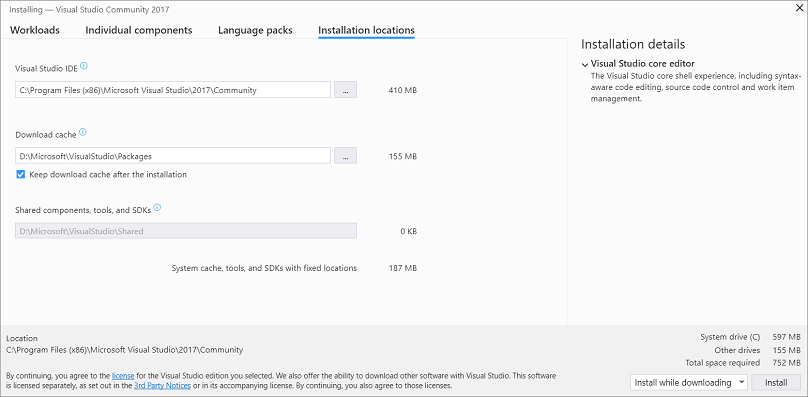 Screenshot showing the Installation locations tab of the Visual Studio Installer.