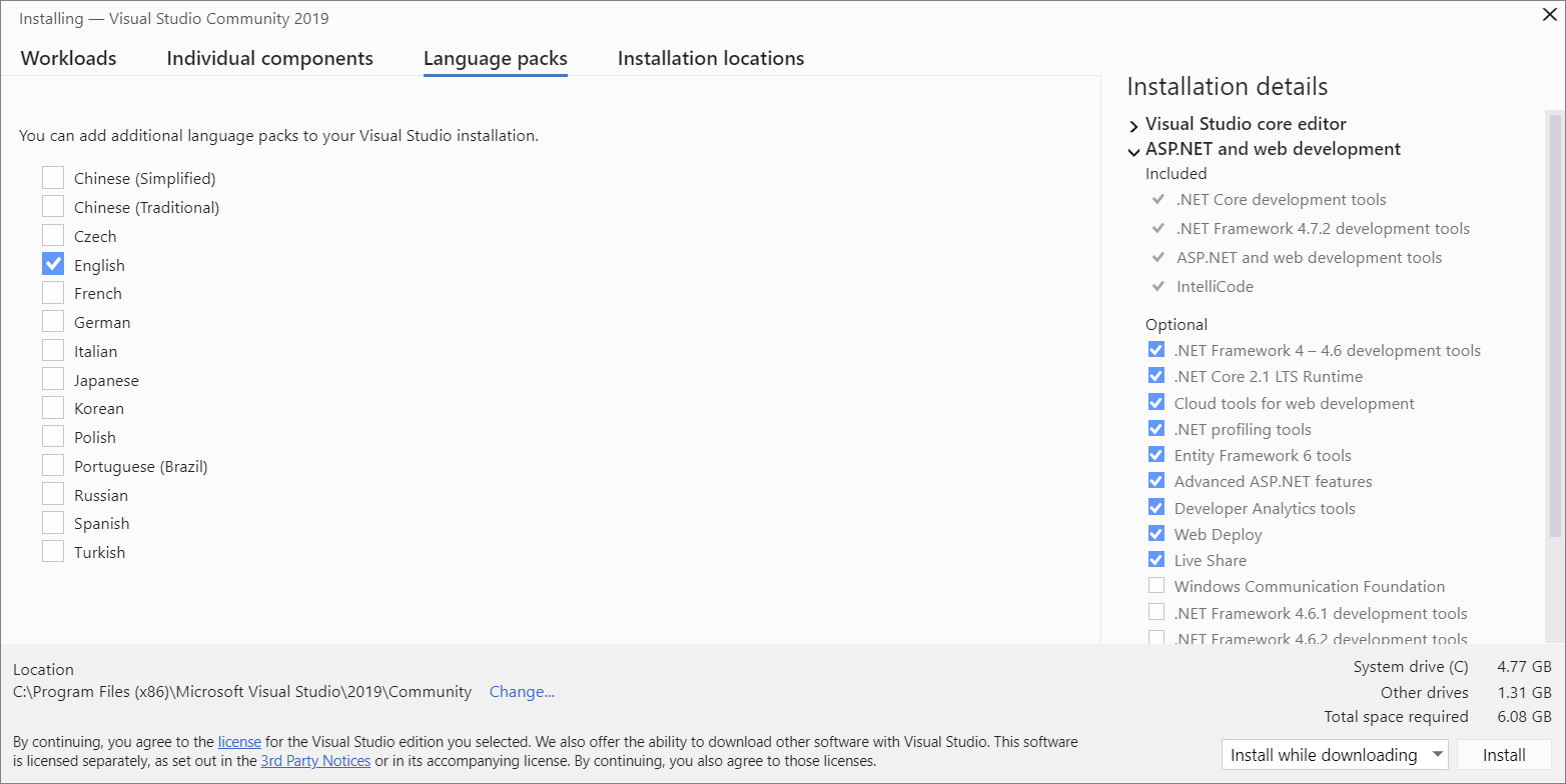Screenshot showing the Language packs tab of the Visual Studio Installer.