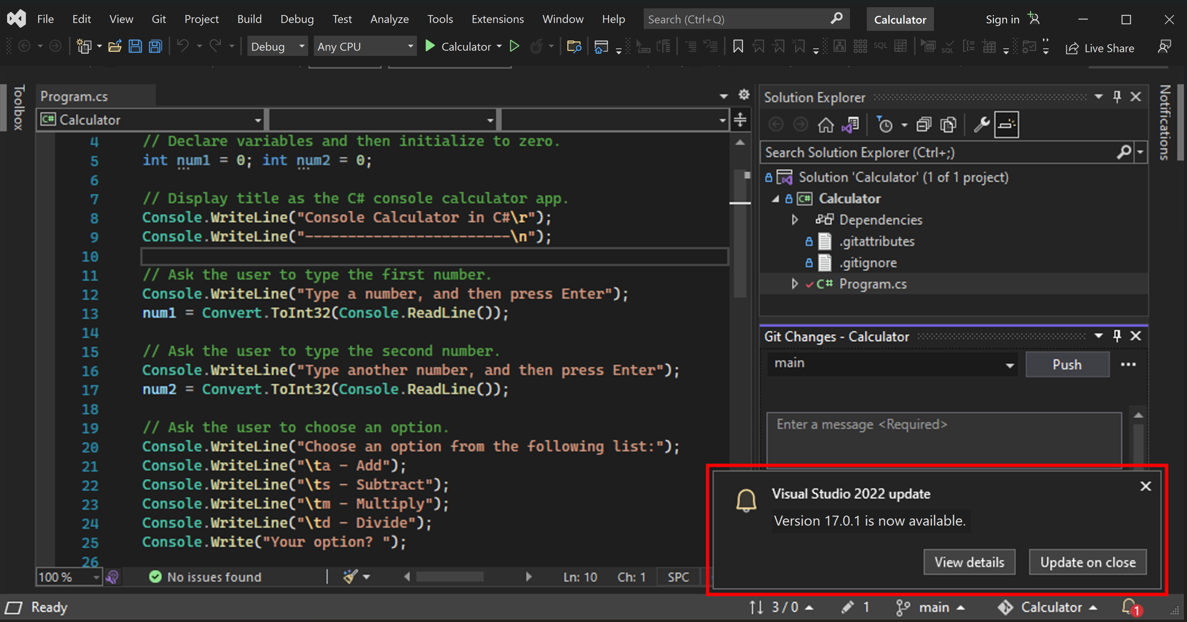 Screenshot showing an update message for Visual Studio 2022 in the lower-right corner of the Visual Studio IDE.