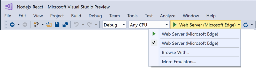 Screenshot that shows a drop-down list that appears in the debug target box.