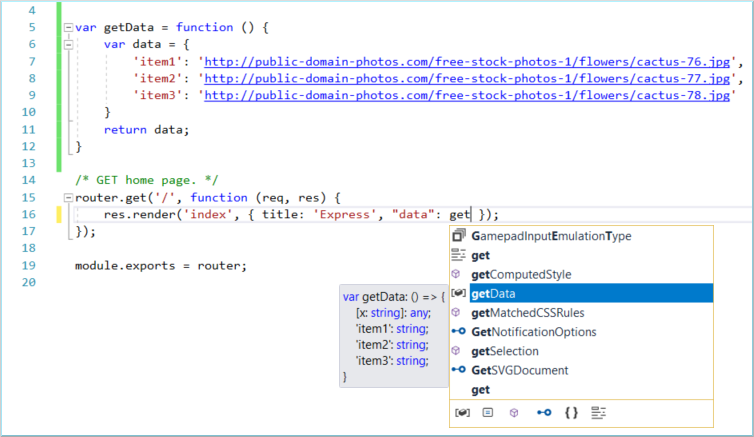 Screenshot that shows an IntelliSense menu that appears next to code. The getData function is visible in the menu.
